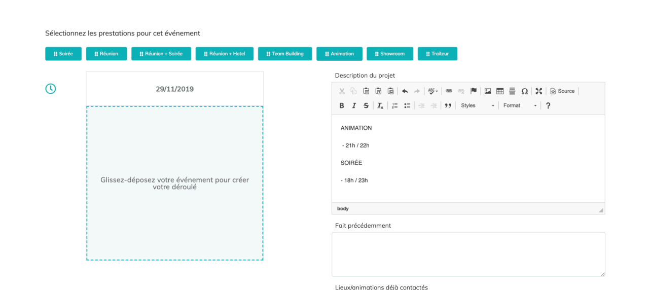 sélectionner vos prestations pour un evenement