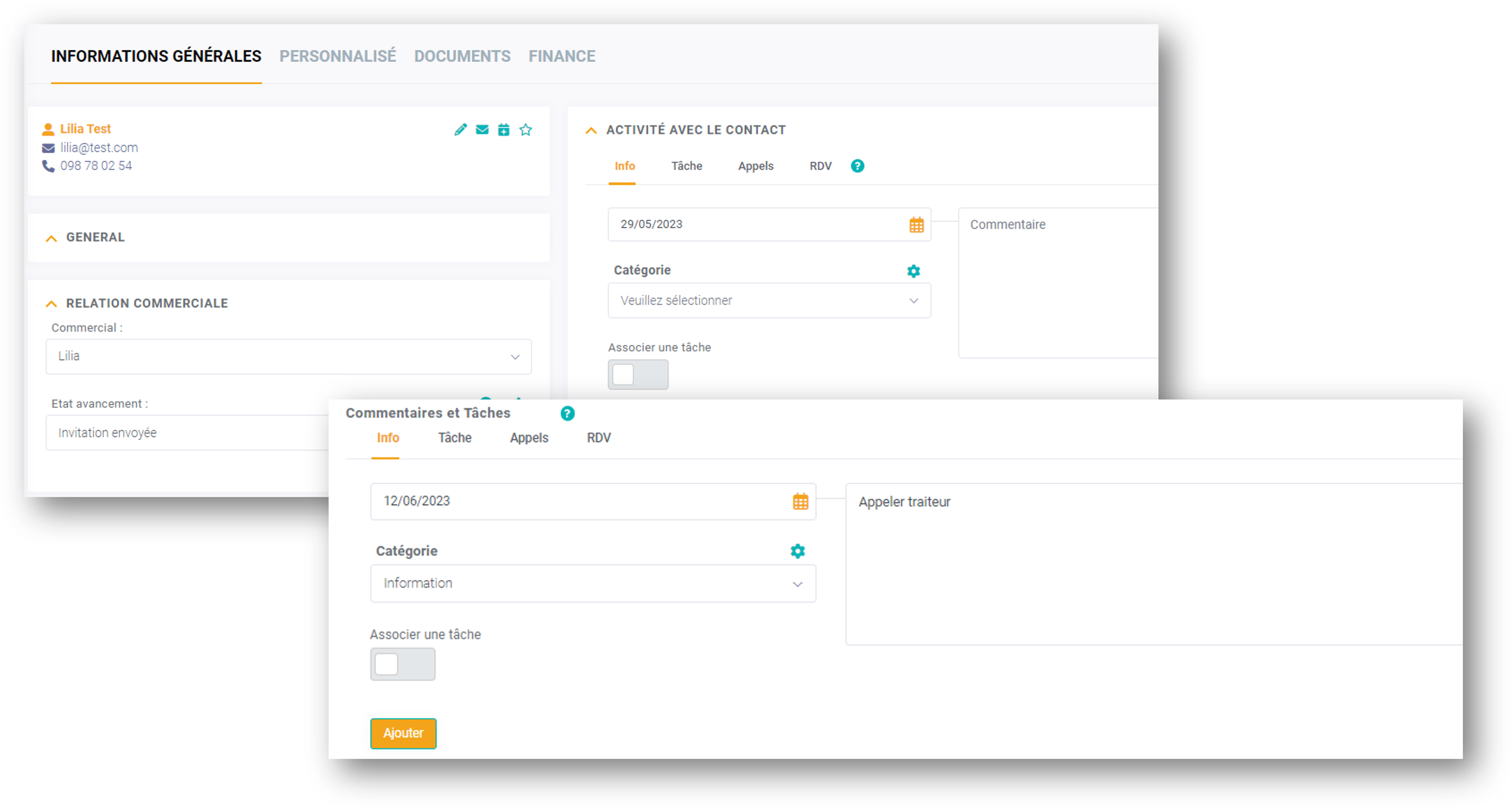 Contact client et tache, logiciel lab event