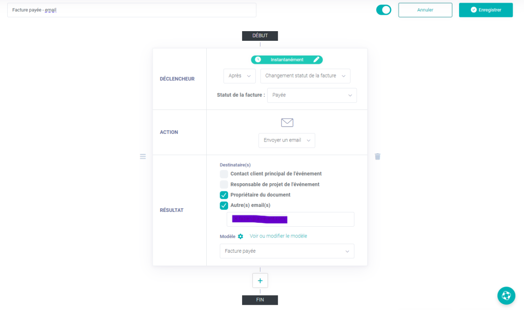 Automatisation de mails suite reception acompte