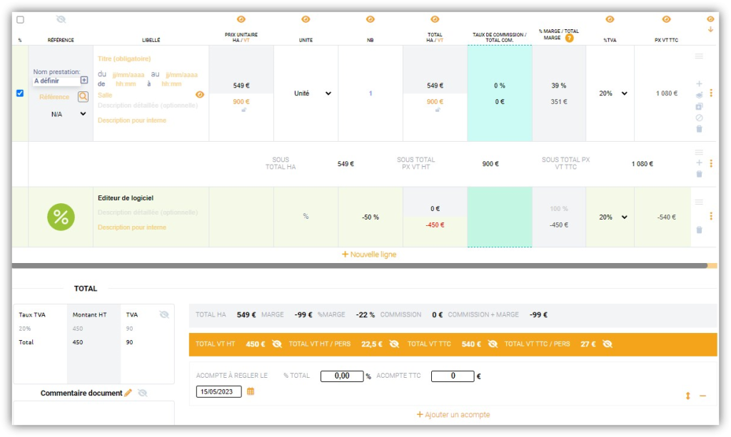 prix d'achat  et prix de vente lab event