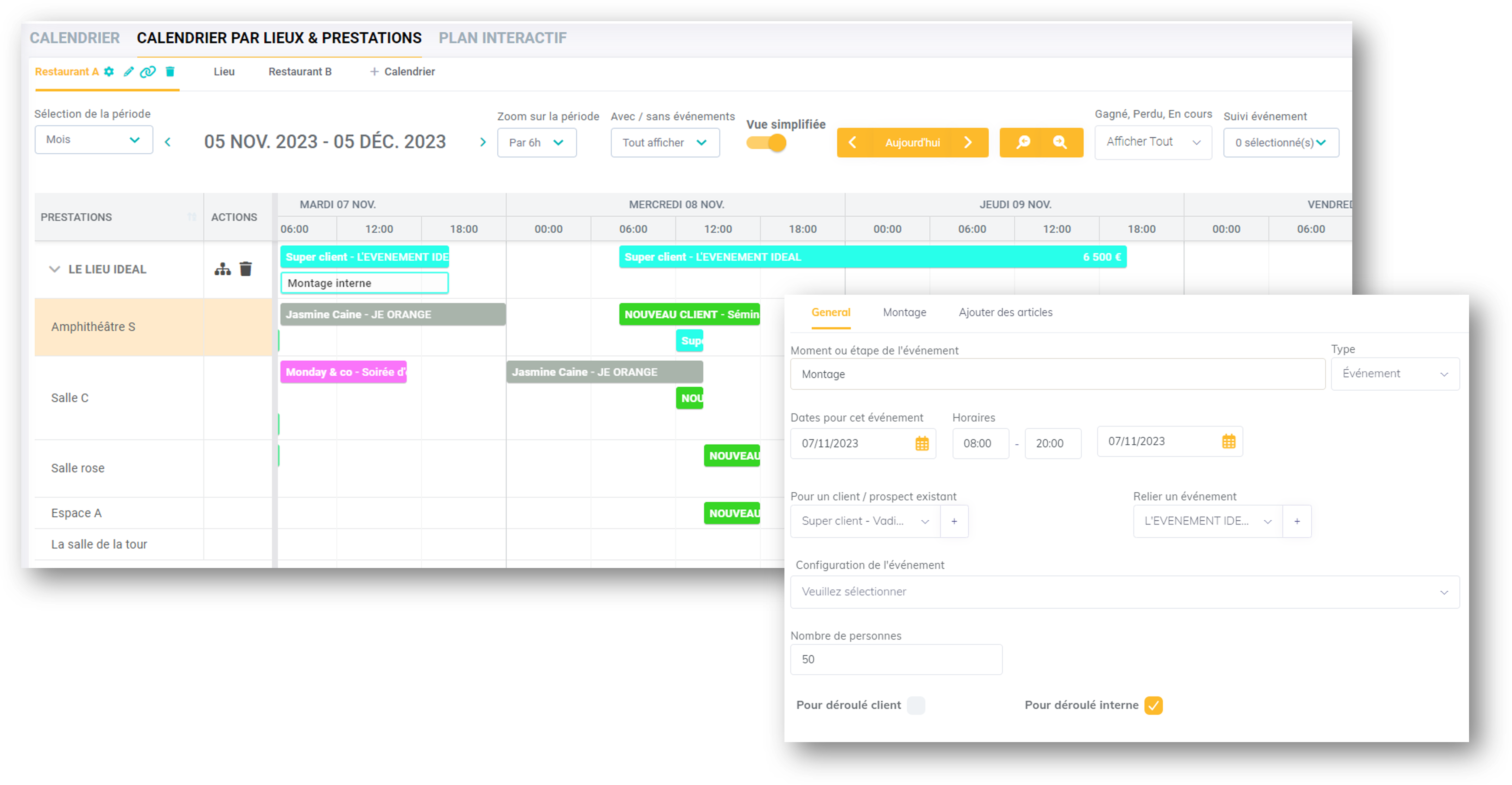 calendrier par lieux et prestations