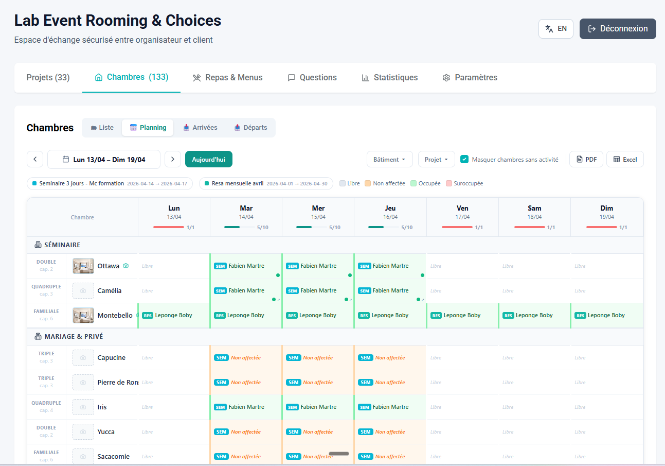 Lab Event Rooming Choices - Vue planning Chambres